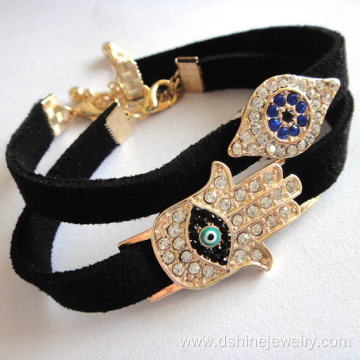 Black Velvet Slide Charm Hamsa Lucky Eye Bangle Bracelet